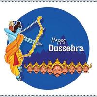 Happy Dussehra text with an illustration of Lord Rama bow arrow and temple background for Indian festival Dussehra vector