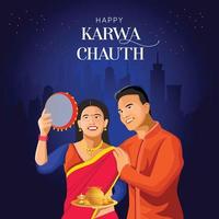 Happy Karwa Chauth festival card with Karva Chauth is a one-day festival celebrated by Hindu women from some regions of India, vector