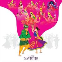 ilustración de la cara de la diosa durga para feliz navratri, pareja jugando garba y dandiya en celebración navratri y noche disco vector