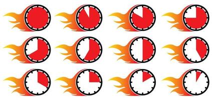 conjunto de reloj grande. el reloj de esfera roja se configura con un cronómetro para detener el tiempo. salen llamas del icono del reloj. se establecen las zonas horarias. dibujo de cronómetro. símbolo de velocidad. ilustración de logotipo de símbolos de signo plano vector