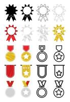 gran conjunto de insignias de medallas de diferentes íconos de medallas y trofeos. medalla estrella para el primer lugar, ganador e ícono de premio. lograr el signo de ilustración del conjunto de vectores. conjunto de vectores de premios. iconos de diseño de línea de logotipo moderno.