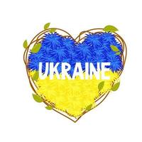 Ukrainian flag, National flag from flowers text Ukraine with two colors blue and yellow, frame from sticks with leaves in cartoon style. Elements for design. . Vector illustration