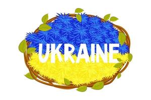Ukrainian flag, National flag from flowers text Ukraine with two colors blue and yellow, frame from sticks with leaves in cartoon style. Elements for design. . Vector illustration