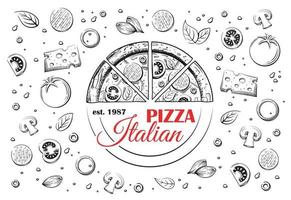 boceto de pizza italiana y logo vector