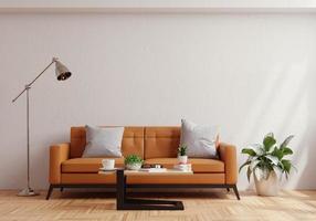 Living room wall mock up with leather sofa and decor on white plaster wall background. photo