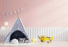 Child's room interior with play tent,Kids wall mockup. photo