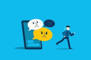 Communication problem or overload, too many messages or spam, inefficient discussion or meeting concept, frustrated businessman run away from collapsing stack of online speech bubble. vector