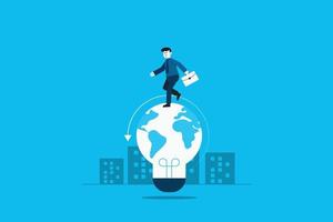 Businessman walks on lightbulb with world map. vector