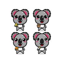 colección de conjuntos de koala con comida. mascota de personaje de dibujos animados de estilo plano de ilustración vectorial. aislado sobre fondo blanco. lindo personaje koala mascota logo idea paquete concepto vector