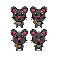 Collection of mouse sets holding food. Vector illustration of flat cartoon face character mascot. Isolated on a white background. Cute zombie character mascot logo idea bundle concept