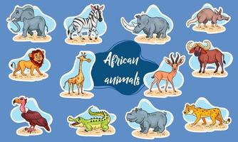 gran conjunto de animales africanos. divertidos personajes de animales en pegatinas de estilo de dibujos animados. vector