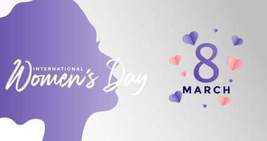 8 March International Women's Day Vector Illustration Concept. Happy Women's Day Calligraphy with Woman Head Illustration from Side View. 8 March Text Design with Pink dan Purple Love Cutout. EPS 10