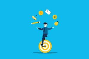 Multitasking work and time management concept, skillful businessman riding unicycle juggling elements. vector