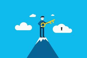 Businessman standing on top of mountain and holding golden key. Key to business success, Mountain to find secret key or achieve career target concept