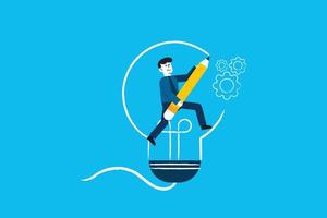 Process of creating an idea. Man use pencil to draw a light bulb. Vector illustration. Creativity and imagination to create content, writer or creator inspiration for new idea