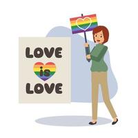 una mujer sostiene carteles con el arco iris lgbt y el símbolo transgénero, celebra el mes del orgullo, los derechos humanos. igualdad y homosexualidad. ilustración de personaje de dibujos animados de vector plano.