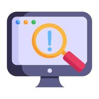 Computer with magnifier, flat style icon of search error vector