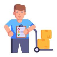 Person checking inventory list, flat character icon vector