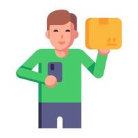 A man carrying parcels in flat icon, heavy load vector