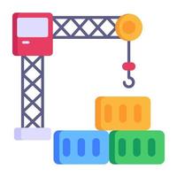 Container loading flat icon, containers with crane hook vector