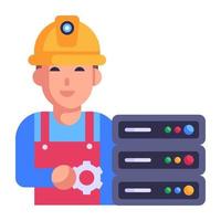 Person wearing construction helmet and server, concept of database engineering flat icon vector