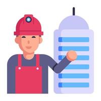 Person with hard cap and building, flat icon of builder vector