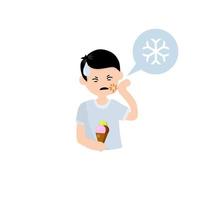 Tooth sensitivity. Man and ice cream. Pain in cheek and cold. Sad boy vector