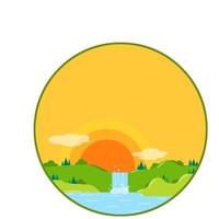 paisaje natural en el círculo del logo. cascada y estanque con colina verde