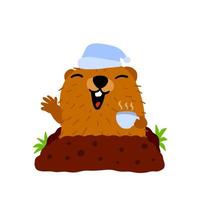 Groundhog Day. Cute marmot in sleep cap and cup of morning coffee vector