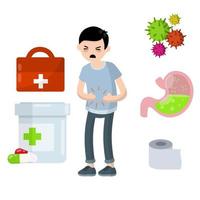 Diarrhea, upset stomach. Man holding belly. vector