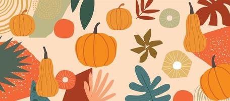cartel inspirado en el otoño con calabazas y hojas de ilustración vectorial. fondo de temporada de otoño vector