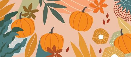 Autumn inspired poster with pumpkins and leaves vector illustration. Fall season background