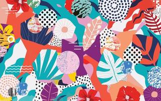 Colorful tropical leaves and flowers poster background vector illustration. Exotic plants, branches, flowers and leaves art print for beauty and natural products, spa and wellness, fabric and fashion