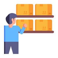 Man with stock rack in a warehouse, flat icon vector