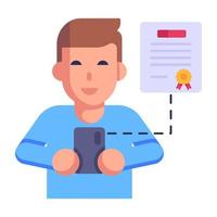 Person holding mobile, flat icon of online certificate vector