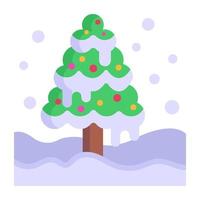 un árbol de navidad con un niño, icono plano vector