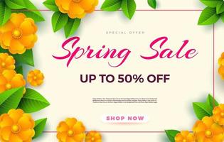 Spring sale flyer template with paper cut flowers and leaves with frame. Light background. Vector illustration Fresh design for posters, brochures or vouchers.