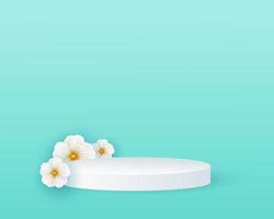 Minimalistic scene white red cylindrical podium and spring flowers. Scene for the demonstration of a cosmetic product, showcase. Vector illustration