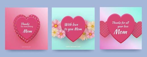 Mother card with pink hearts and spring flowers on gradient pink background. Vector heart shaped love symbols for Happy Mother s Day greeting card design.