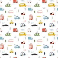 Seamless pattern with tram, minibus, taxi, ambulance, trolley, scooter, passenger bus, engine truck, police car, school bus, limousine, double-decker in cartoon hand drawn style
