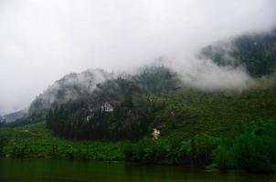 lago en la naturaleza verde con niebla foto