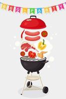 Portable round barbecue with grill sausage, beef steak, ribs, fried meat vegetables isolated on background. BBQ device for picnic, family party. Barbeque icon. Cookout event concept Vector flat design