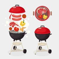 Portable round barbecue with grill sausage, beef steak, ribs, fried meat vegetables isolated on background. BBQ device for picnic, family party. Barbeque icon. Cookout event concept Vector flat design
