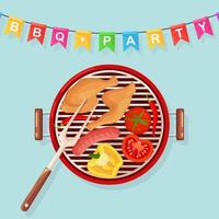 Portable round barbecue with grill sausage, fried chicken legs, ham, vegetables isolated on background. BBQ device for picnic, family party. Flags. Barbeque icon. Cookout event. Vector flat design