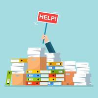 Pile of paper, document stack with carton, cardboard box. Stressed employee in heap of paperwork. Busy businessman with help sign. Bureaucracy concept. Vector cartoon design