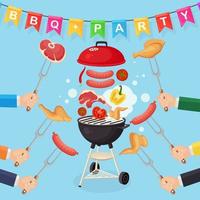 Portable round barbecue with grill sausage, beef steak, ribs, fried meat vegetables isolated on background. Hand hold fork. BBQ picnic, family party. Barbeque icon. Cookout event. Vector flat design