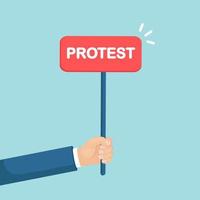 Person hold  placard with word protest, red banner. Strike, protesting concept. Vector cartoon design