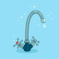 grifo de agua con gota aislada en el fondo. goteo del grifo, fuga. salvar el concepto de medio ambiente. diseño de dibujos animados de vectores