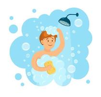 Happy man taking shower in bathroom. Wash head and hair with shampoo, soap, sponge, water, foam. Smile character isolated on background. Vector flat cartoon design