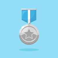 Silver medal with ribbon, star for second place. Trophy, winner award isolated on background. Badge icon. Sport, business achievement, victory concept. Vector flat design